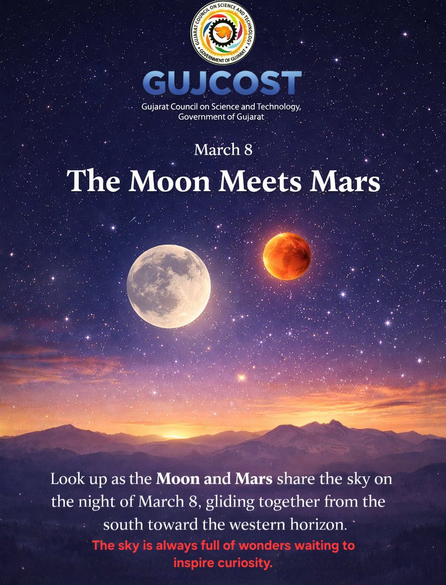 narottamsahoo's tweet image. This Sunday night, March 8, look up as the #Moon meets #Mars in a stunning celestial meeting.

Moving gracefully from the southern sky toward the western horizon, the bright Moon and the reddish planet Mars will share the night in a serene #cosmic dance, inviting skywatchers to