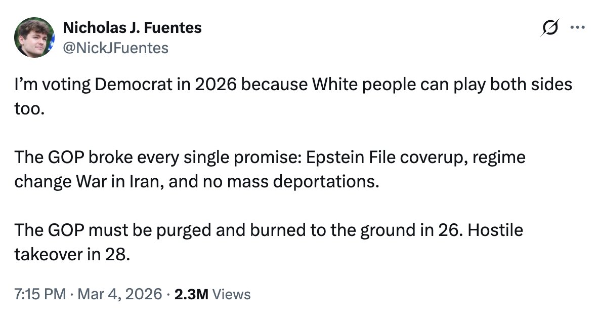 The great irony is that people like me were attacked for "dividing the right" and "helping the left" because we were actually willing to criticize and condemn people like this.