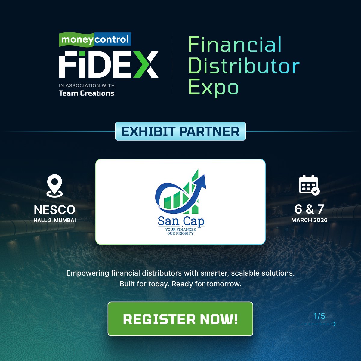 FidexIndia's tweet photo. San Cap joins FIDEX 2026 — the Financial Distributor Expo by Moneycontrol.

📅 6–7 March 2026 | 📍 Nesco Hall 2, Mumbai
Register: https://t.co/VMmayFPNX3
#FIDEX2026 https://t.co/loWRfgLcvJ