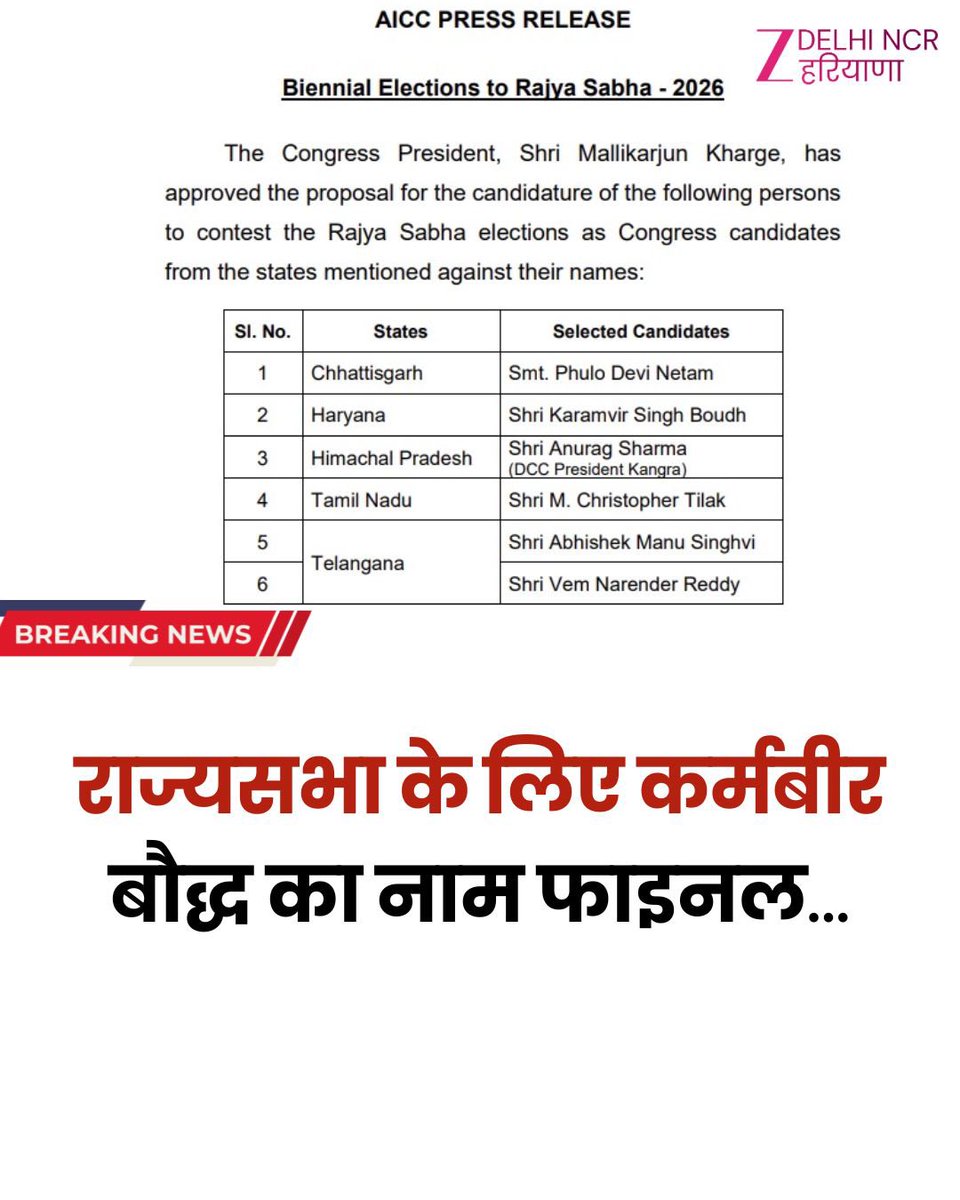 मेरे गांव भैणी महाराजपुर, तहसील महम, जिला रोहतक के आम ग़रीब घर के श्री करमबीर बोध को राज्यसभा भेजने के लिए <a href="/RahulGandhi/">Rahul Gandhi</a> <a href="/DeependerSHooda/">Deepender Singh Hooda</a> <a href="/BhupinderShooda/">Bhupinder Singh Hooda</a> और कांग्रेस पार्टी को धन्यवाद 🙏 
#KaramvirBoudh