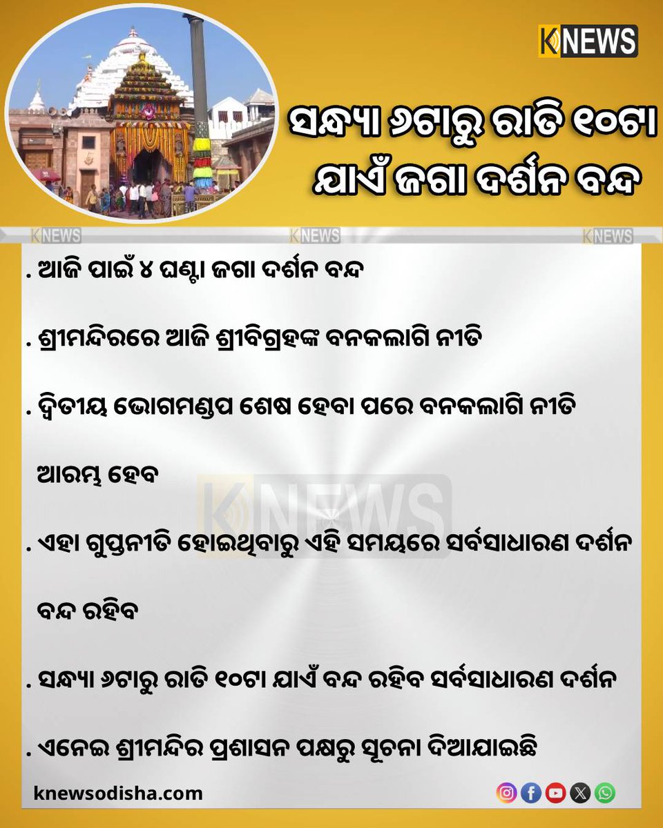 knews_odisha's tweet photo. ଆଜି ୪ ଘଣ୍ଟା ଜଗା ଦର୍ଶନ ବନ୍ଦ । ଶ୍ରୀମନ୍ଦିରରେ ଆଜି ଶ୍ରୀବିଗ୍ରହଙ୍କ ବନକଲାଗି ନୀତି ।
#BanakalagiNiti #JagannathTemple #PuriSrimandir #DarshanClosed #ShreeMandir #knewsodisha https://t.co/mHJKVRHYFj