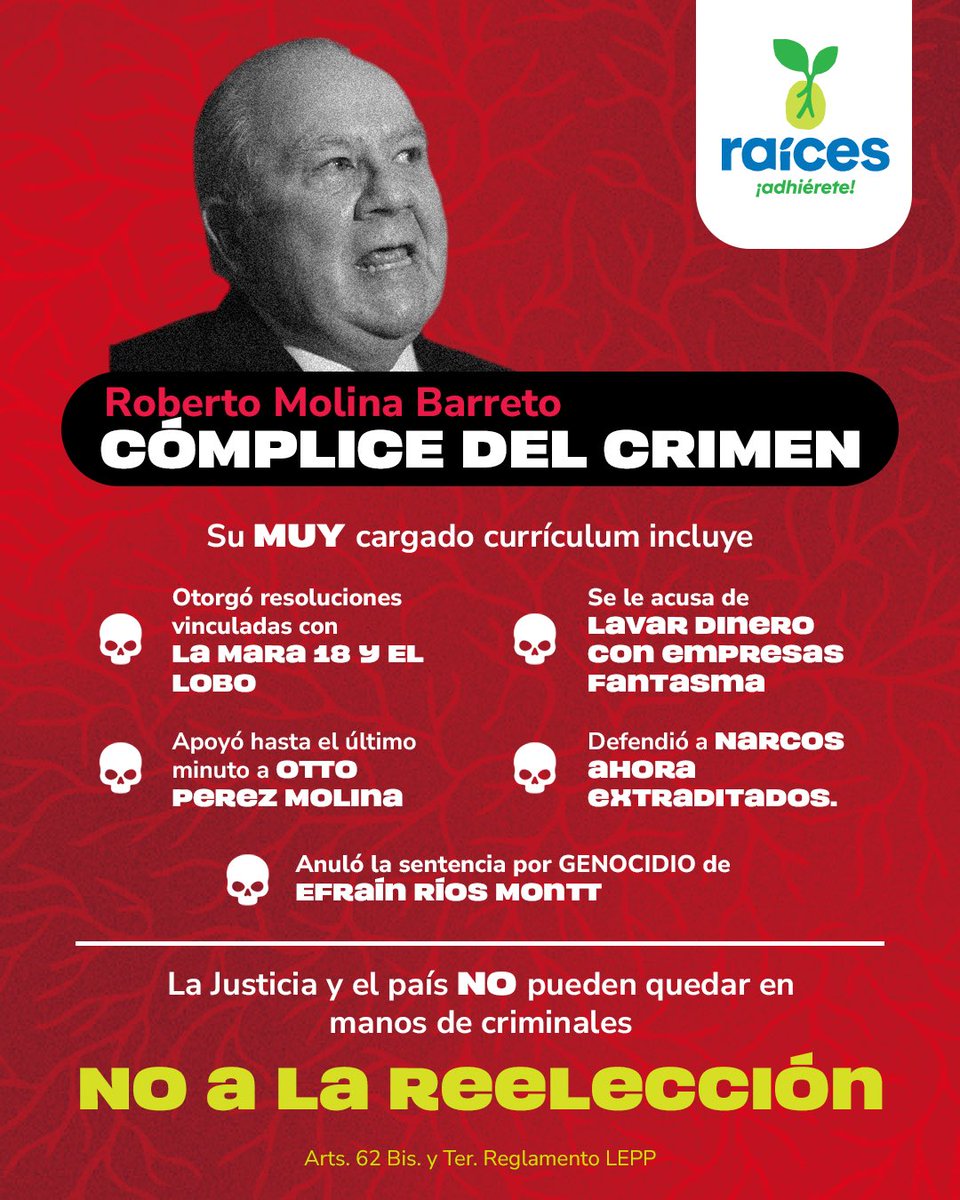 Roberto Molina Barreto representa resoluciones cuestionadas y cercanía con la impunidad. Guatemala no puede permitir su reelección en la Corte de Constitucionalidad. #NoALaReelección 

Arts. 62 Bis. y Ter. Reglamento LEPP
