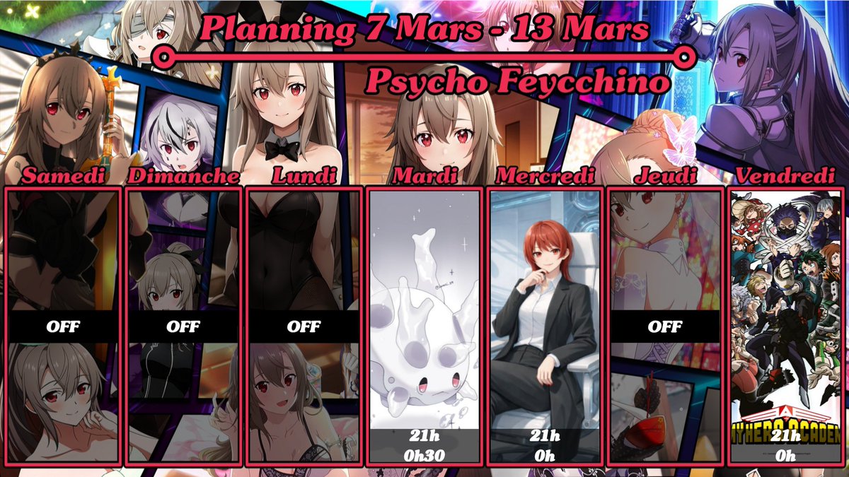 ⚙️ Planning #twitch de la semaine
Planning court pour cause de repos chez ma mamie

▶️ Shasse Corayon-Galar
▶️ Écriture "The Light of Darkness" tome 2
▶️ Réact "My Hero Academia" saison 5 (chaîne secondaire)

twitch.tv/psycho_feycchi…