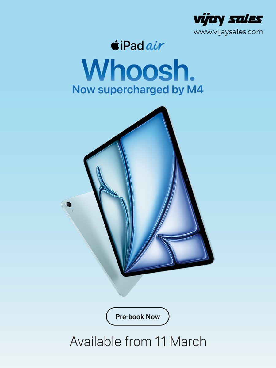 VijaySales's tweet image. Your creativity deserves no limits! 😎
Explore the iPad Air with bigger memory, advanced graphics, and smarter AI support.

Pre‑book at Vijay Sales stores or website today.

#VijaySales #Apple #AppleIndia #iPadAir #AppleiPad #AppleProducts #TechLovers #Gadgets #Electronics