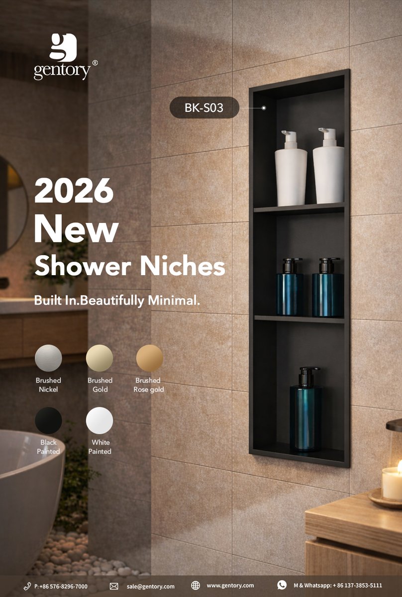 gentoryshower's tweet image. 2026 New Shower Niches
Available in Brushed Nickel, Brushed Gold, Rose Gold, Black, and White finishes.
gentory.com

#ShowerNiche #GlobalSourcing #BathroomDesign #Gentory #bathrooms #OEMFactory #B2BSale #showers #ModernBathroom #SanitaryWare
