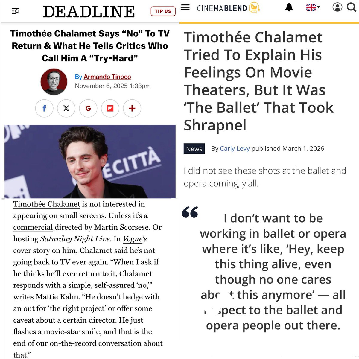 Timothee Chalamet is a good actor who made smart career choices in his 20s that gave him an impressive CV by age 30.

But he needs an attitude change fast because shading several acclaimed sections of the performing community, during Oscar season no less, is beyond misguided.