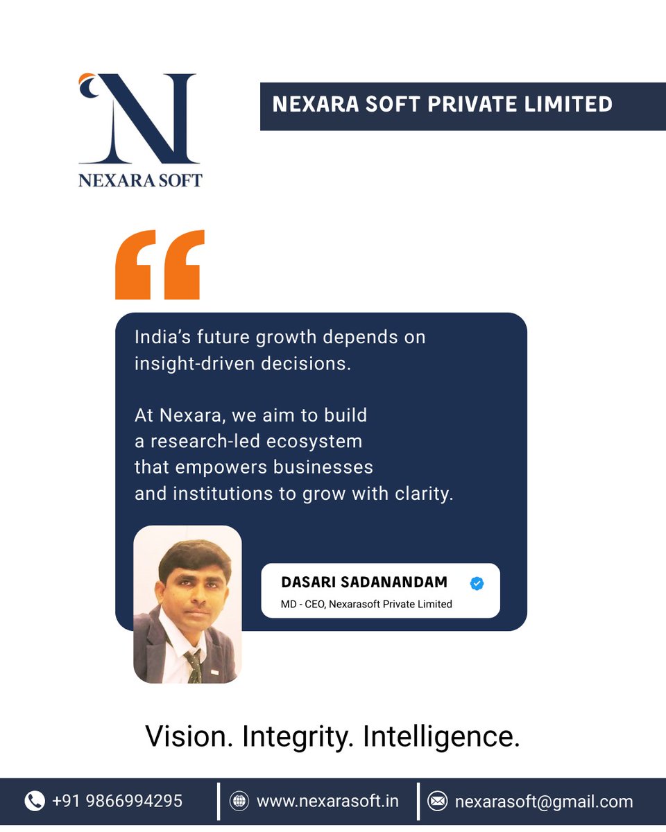 NexaraD22088's tweet image. Leadership begins with vision.
And vision begins with clarity.

#FounderVision #LeadershipMessage #BusinessAuthority #ResearchLed

founder message business, research led growth India, digital intelligence vision
