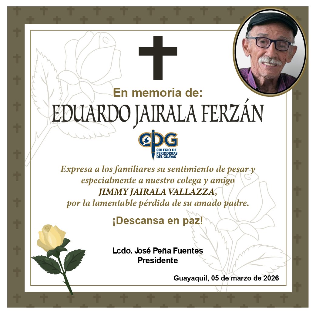 CPGuayas's tweet photo. Expresamos nuestras más sentidas condolencias a nuestro colega y amigo Jimmy Jairala Vallaza por la lamentable pérdida de su amado padre.

¡Qué Dios lo tenga en su gloria! https://t.co/trRjC5DlDi