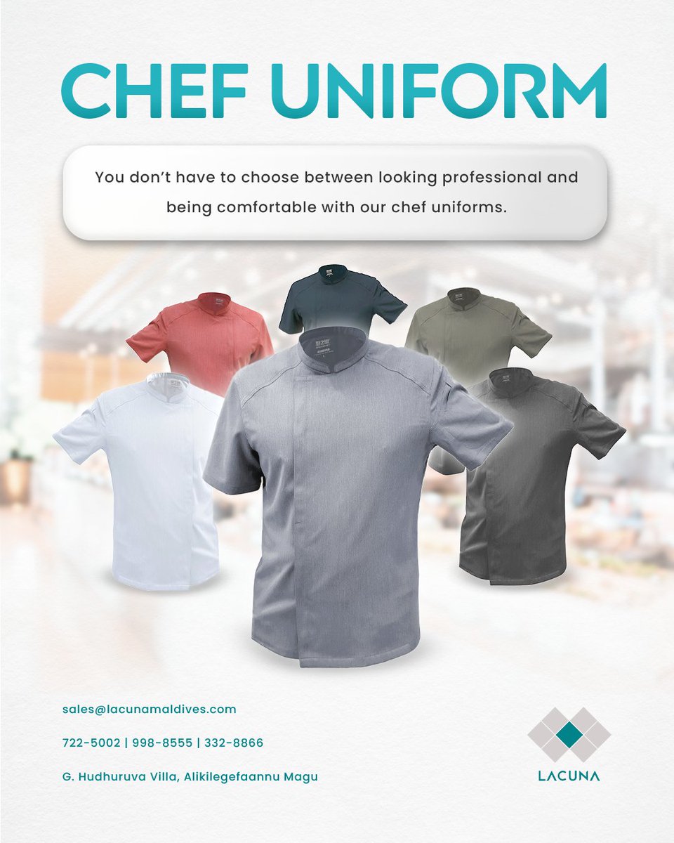 LacunaMaldives's tweet image. Chef uniforms designed for both comfort and a professional look in the kitchen. Built for long hours and busy service while maintaining a polished presentation.

ORDER NOW
📱 722-5002 | 998-8555 | ☎️ 332-8866
📧 sales@lacunamaldives.com

#ChefUniforms #ChefWear #Maldives