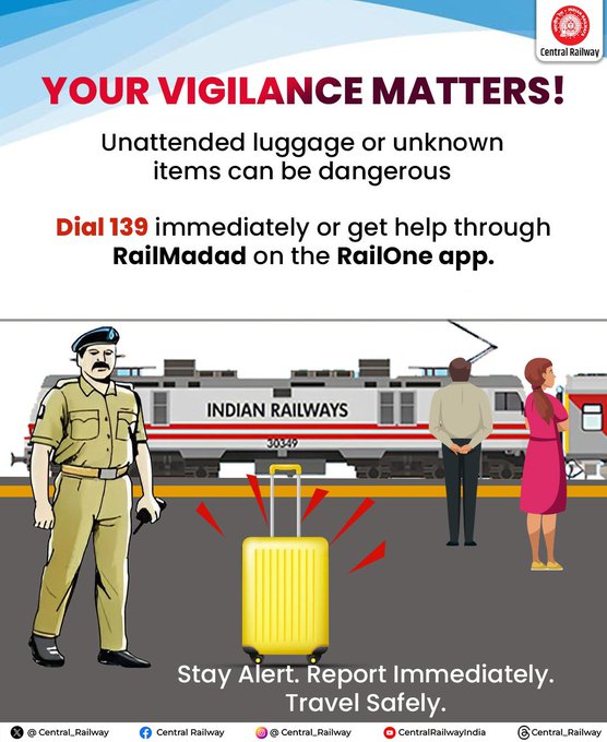 BhusavalDivn's tweet image. Your vigilance matters! 🚨

Unattended luggage or unknown items can be dangerous. If you notice anything suspicious, report it immediately by dialing 139 or through RailMadad on the RailOne.

Stay alert. Report promptly. Travel safely 

#RailSafety #StayAlert #CentralRailway