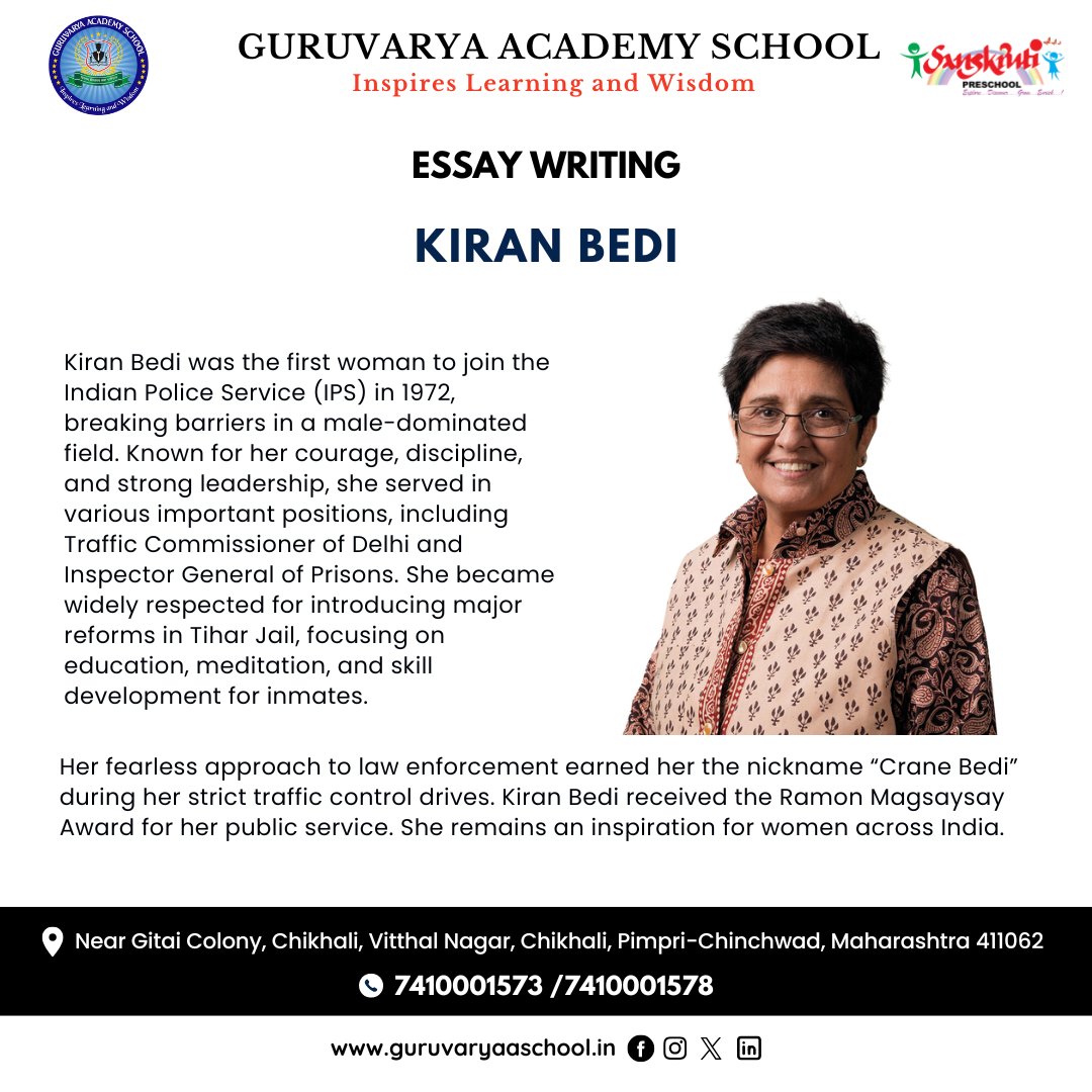 GuruvaryaP's tweet photo. Essay Writing on Kiran Bedi – A true symbol of courage, discipline, and women empowerment.
#EssayWriting #KiranBedi #Inspiration #WomenEmpowerment #IndianLeaders #StudentActivity #RoleModel https://t.co/sBsZQ9yWrr