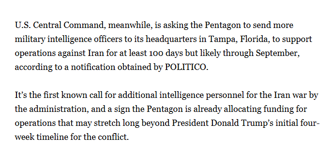 U.S. Central Command (CENTCOM) is asking the Pentagon to send more military intelligence officers to its headquarters in Tampa, Florida, to support operations against Iran for at least 100 days but likely through September, according to Politico.

Contributed by <a href="/AZ_Intel_/">AZ Intel</a>.