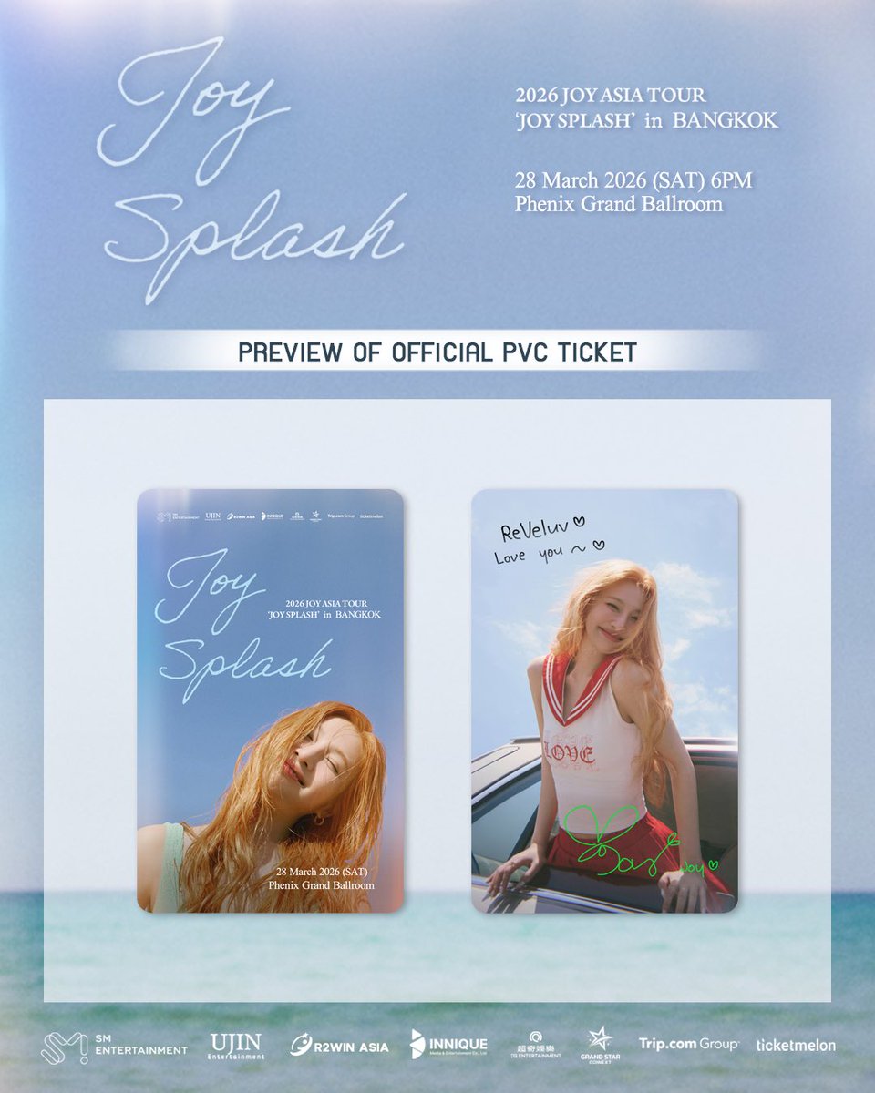 𝗢𝗙𝗙𝗜𝗖𝗜𝗔𝗟 𝗣𝗩𝗖 𝗧𝗜𝗖𝗞𝗘𝗧 𝗣𝗥𝗘𝗩𝗜𝗘𝗪 ⛅️

ตัวอย่างบัตรพลาสติกออฟฟิเชียลสำหรับงาน 2026 JOY ASIA TOUR ‘JOY SPLASH’ in BANGKOK ✨

อีกหนึ่งความทรงจำดี ๆ ที่ทุกคนจะได้รับกลับบ้านไปพร้อมรอยยิ้ม 🥰
จับจองบัตรกันได้แล้ววันนี้ทาง Ticketmelon และ Trip นะคะ 💥

📌