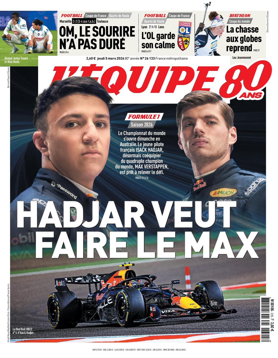 lequipe's tweet photo. 🗞️ La une du journal L'Équipe du jeudi 5 mars 2026
Pour lire votre édition ➡️ https://t.co/QajhN6jL8i https://t.co/neSlQuqlCV