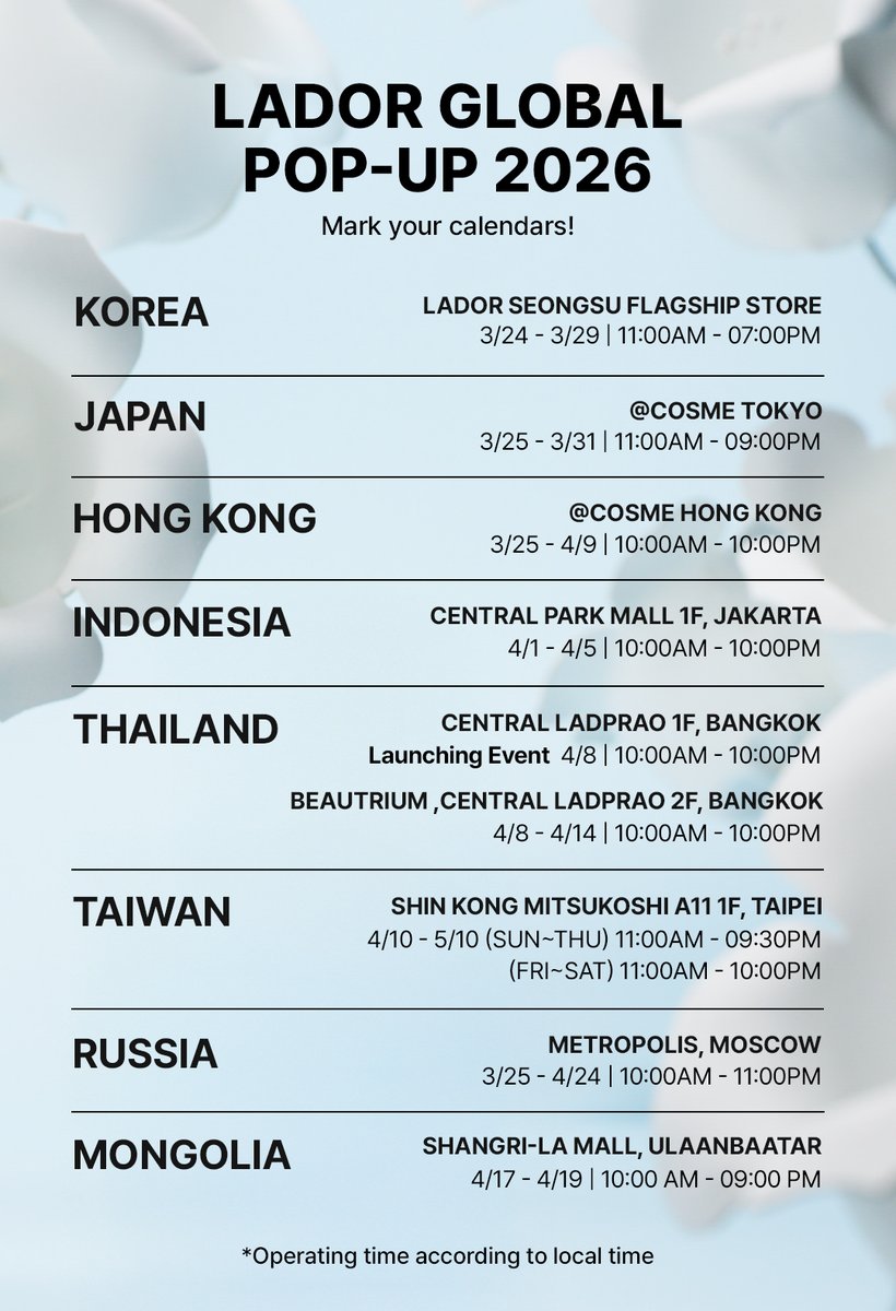 아도르 글로벌 팝업 소식 전해드려요🤍

대한민국🇰🇷/일본🇯🇵/홍콩🇭🇰/인도네시아🇮🇩/태국🇹🇭/대만🇹🇼/러시아🇷🇺/몽골🇲🇳
여러 도시에서 아도르를 직접 만나보실 수 있어요!

자세한 일정과 장소는 이미지를 확인해 주세요📋
각 도시에서 여러분을 만날 순간을기대하고 있어요 
곧, 여러분의 도시에서 만나요💙