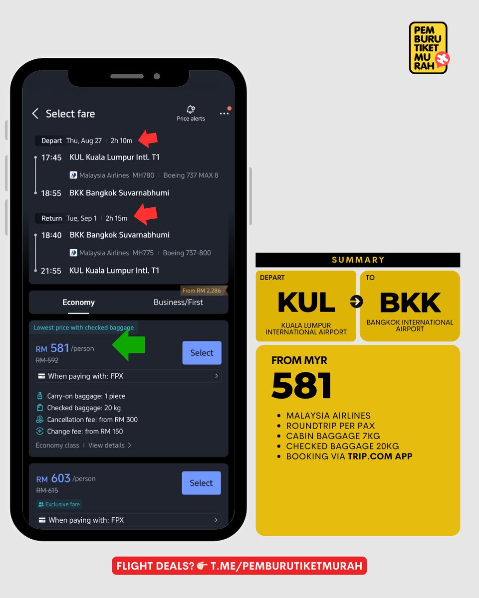 pmbrutiketmurah's tweet photo. Jom Bangkok! 

Malaysia Airlines
KUL - Bangkok - KUL
RM581

✅ Tiket termasuk bagasi 20KG pergi balik

Cepat sambar! 👉🏻 https://t.co/wtnpfuDm8z https://t.co/Krv8wLzu2M