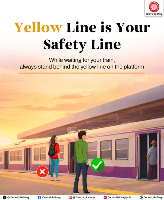 BhusavalDivn's tweet image. Yellow Line is your Safety Line. 🚆⚠️

While waiting for your train, always stand behind the yellow line on the platform. A small precaution can prevent big accidents.

Stay alert. Stay safe.

#RailSafety #StayBehindTheLine #CentralRailway