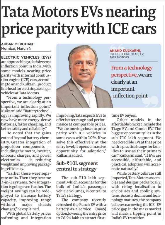 Tata Motors EVs Near Price Parity with ICE Vehicles

Electric vehicles (EVs) from Tata Motors are approaching price parity with internal combustion engine (ICE) cars, signaling a key adoption inflection point.

Improvements in battery technology, energy density, faster charging