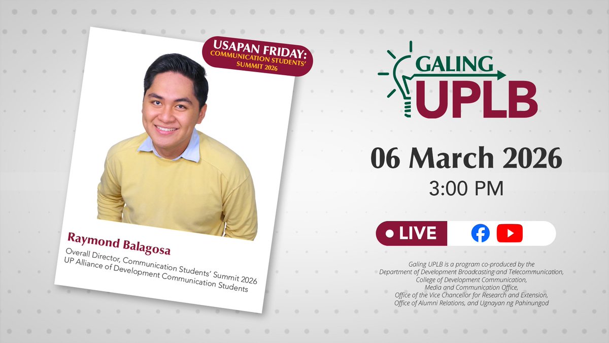 It's Usapan Friday sa #GalingUPLB!

Klasmeyts, samaha n'yo kaming pag-usapan ang pinakamalaking student-led communication event ngayon taon, ang Communication Students' Summit 2026! 

Kaya tambay na sa #GalingUPLB sa #RadyoDZLB Ang Tinig ng Kaunlaran. 🙂