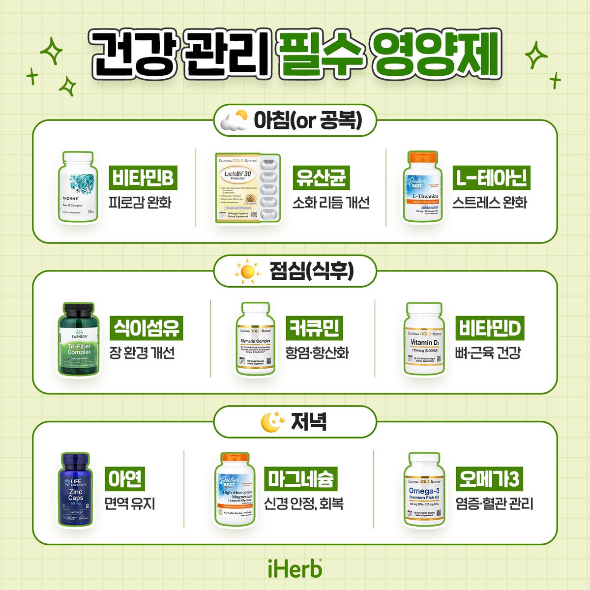 iHerb_Korean's tweet photo. 영양제 유목민 주목‼️
삶의 질을 바꿔줄 필수템만 뽑아 정리했어요 💪

아이허브 추천 현대인 필수 영양제 List

🌤️아침
- 비타민B / 유산균 / L-테아닌

☀️점심
- 식이섬유 / 커큐민 / 비타민D

🌙저녁
- 아연 / 마그네슘 / 오메가3

믿고 사는 아이허브와 함께 건강 챙기세요!