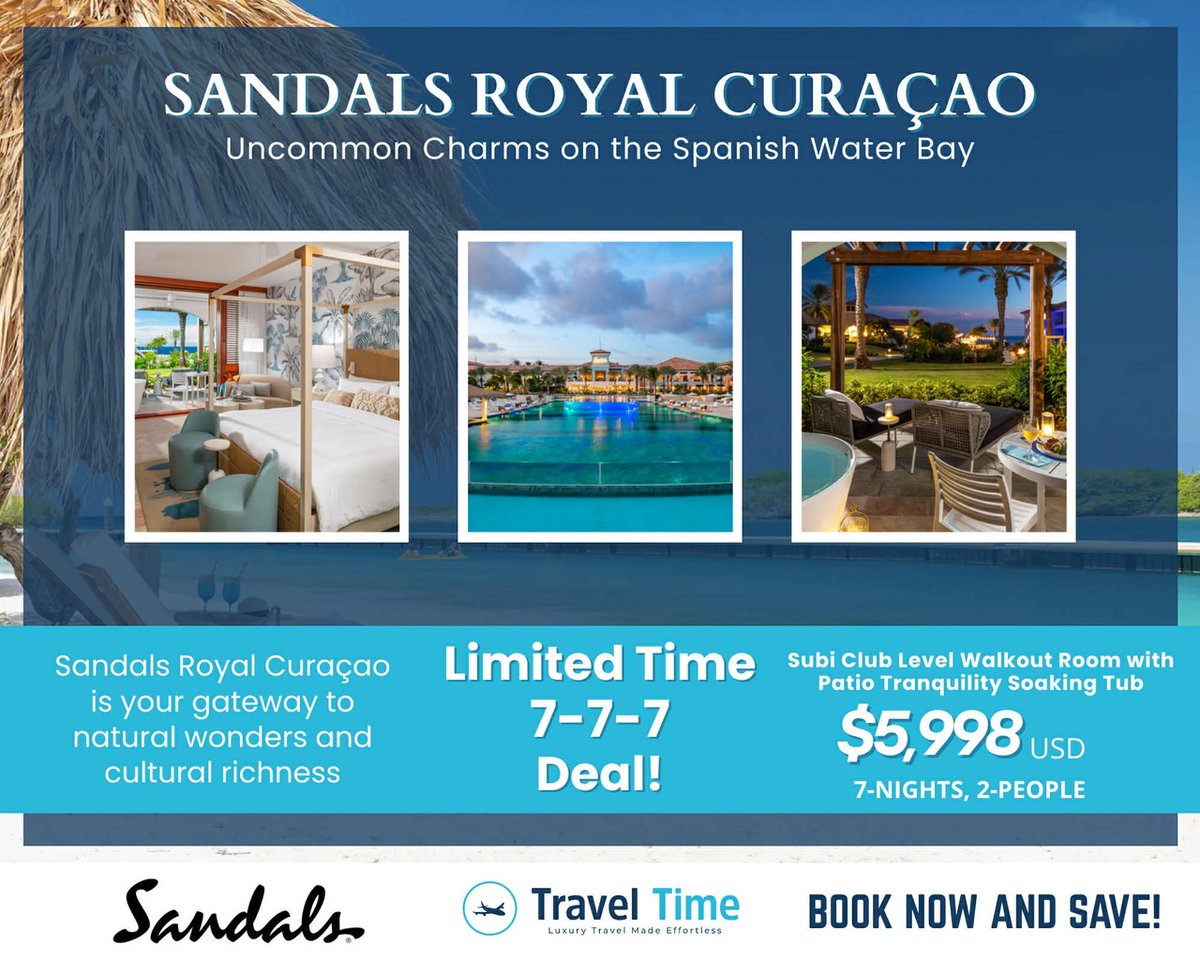 TravelTimeLois's tweet photo. Escape to the stunning Spanish Water Bay with this incredible 7-7-7 Deal at Sandals Royal Curaçao! 
Experience luxury in a Sibi Club Level Walkout Room, complete with your own Patio Tranquility Soaking Tub.

📍 Sandals Royal Curaçao ✈️ 
Travel Time | Luxury Travel Made Effortless https://t.co/uLQ0ABpruL