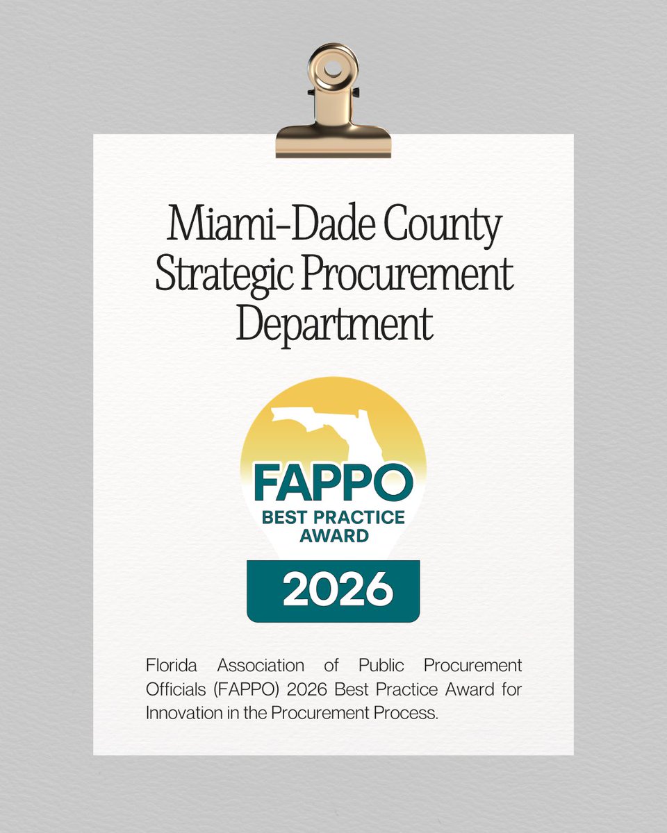 mdcspd's tweet photo. Miami-Dade County @MiamiDadeCounty Strategic Procurement Department is the proud recipient of the 2026 FAPPO Best Practice Award for Innovation in the Procurement Process. #miamidade #OurCounty #procurement #award #smallbusiness https://t.co/7hUq3wjFQt