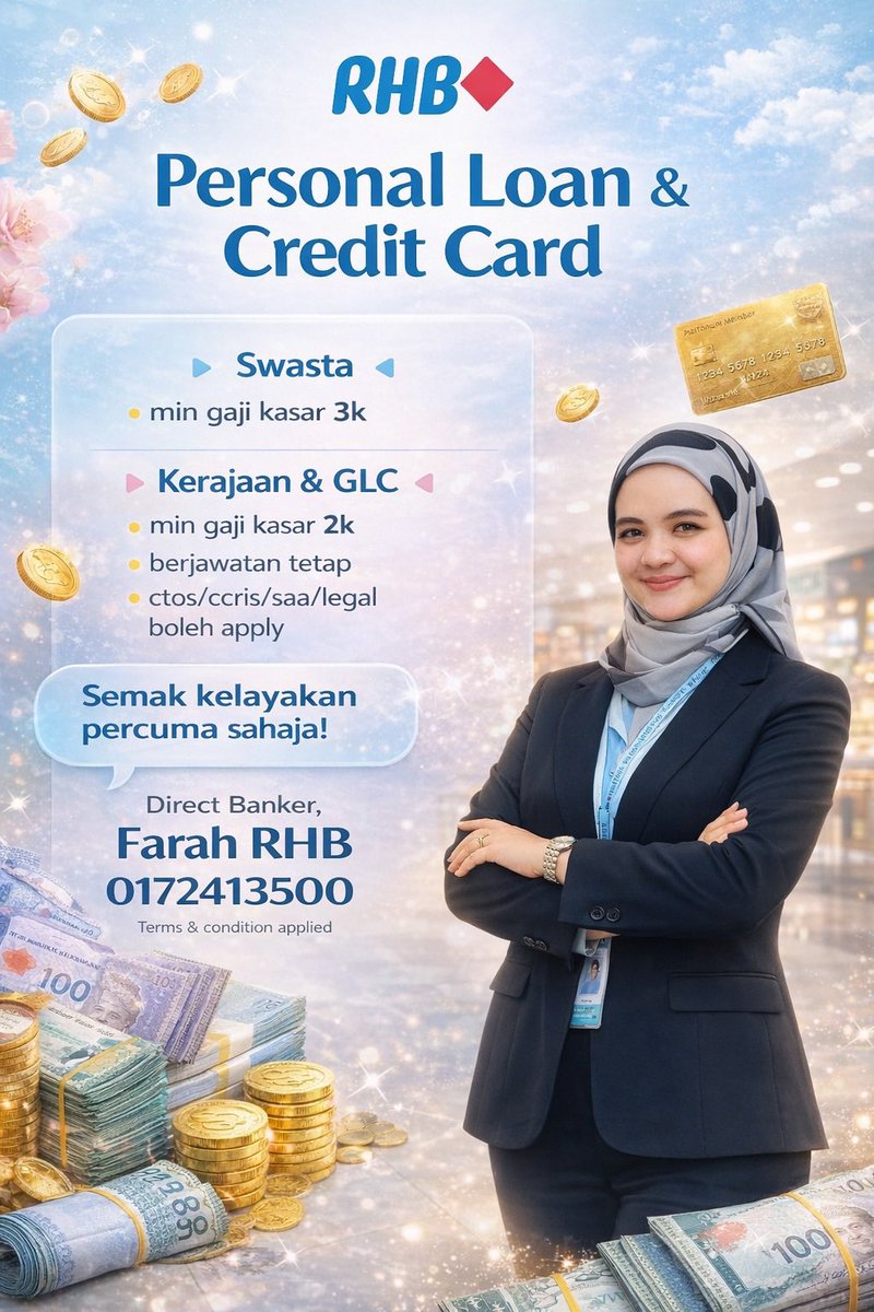 farahRiot's tweet photo. Jom korang semak kelayakan dgn saya ✨🤗

Your trusted banker
Farah Rhb 0172413500
📌 Personal Loan (Pinjaman Peribadi)
📌 Credit Card

Semak kelayakn percuma
Klu approved, free gift available 🎁 
✨ Swasta
✨ Kerajaan / GLC

📧 farah.amin@rhbgroup.com
☎️ https://t.co/kR0CAnjAxb https://t.co/uu1MmTz3rB