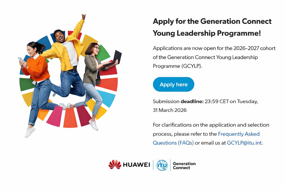opportunitiesfy's tweet image. Apply for the Generation Connect Young Leadership Programme by the ITU and Huawei offering young innovators up to $10,000, mentorship, and global exposure to implement digital impact projects. Apply: wp.me/p23f03-dib

#YouthLeadership #DigitalInnovation