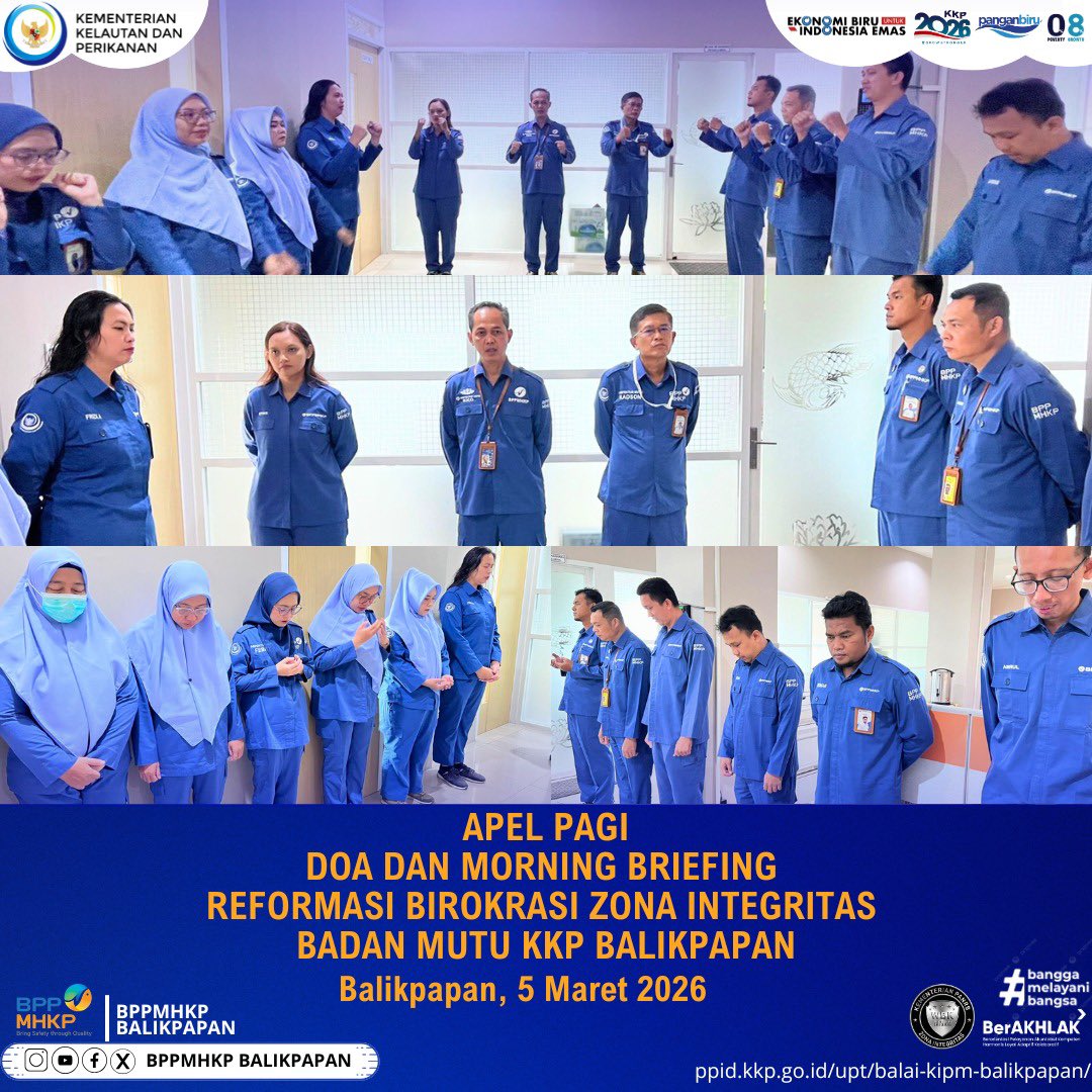 bppmhkp_bpn's tweet photo. Dengan Slogan nya “Kuat Sukses Maju Bersama”
Apel Pagi
Doa dan Morning Briefing
#BPPMHKP
#PanganBiru
#25tahunkkp
#sailbeyondwithblueeconomy
#2025KKPRiseTogether
#EkonomiBiruUntukIndonesiaEmas
#KKPGOID
#SaktiWahyuTrenggono https://t.co/SfpYEaOMLI
