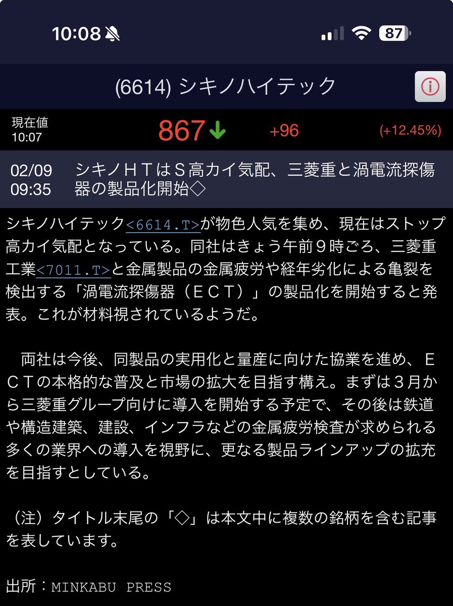 fox_kabu's tweet photo. 6614 シキノハイテック
867円買い

時価総額34億で三菱重工とガッツリ

完全に調整完了したらここは高値抜け目指すと思うで

三菱重工業株式
会社(取締役社長CEO：伊藤 栄作／所在地：東京都千代田区 )は、金属製品の金属疲労や経年劣化による亀裂を検出する「渦電流探傷器(ECT)」の製品化を開始します

その後、鉄道、構造建築、建設、インフラなどの金属疲労検査が求められる多くの業界への導入を視野に、さらなる製品ラインアップの拡充を目指します

もう地合い悪で握力ないやつはもう持ってないやろし、売り圧無くなったやろw
あとは上がるだけやなw