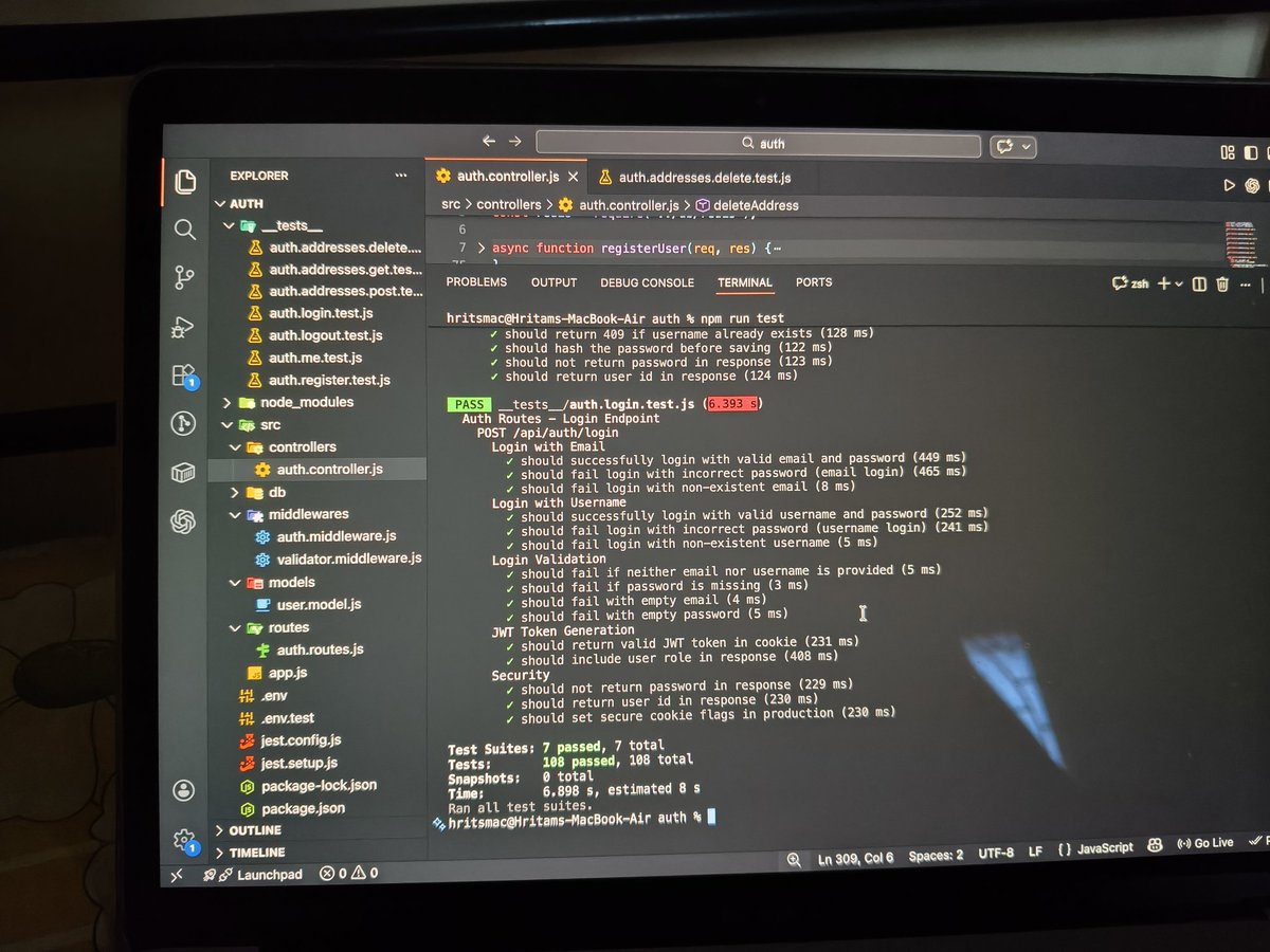 444_dead's tweet photo. Pulled an all-nighter building this 🔐
Fully tested Auth + Address system:
✅ Register / Login / Logout / /me
✅ Address CRUD
✅ JWT auth
✅ Logout token invalidation
🧪 Clean test coverage

It works. It’s tested. It’s reliable.
@ankurdotio @harshbhaiyaa @sheryians_
#Backend https://t.co/LZ0vC7Ynhc