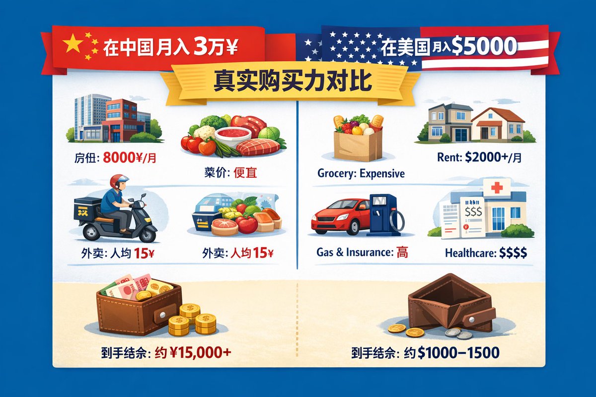 Mousetospace's tweet photo. 大陆某网友：同样有钱，在国内生活绝对比国外好的，外卖，买菜都方便。

那请回答一点：为啥有钱人都去🇺🇸。

🇺🇸网友：送外卖 3小时收入可以全家吃一个星期。

🇨🇳网友：我花3000可以让大学生给我。工作一个月。 https://t.co/Q3mhl9Se2G