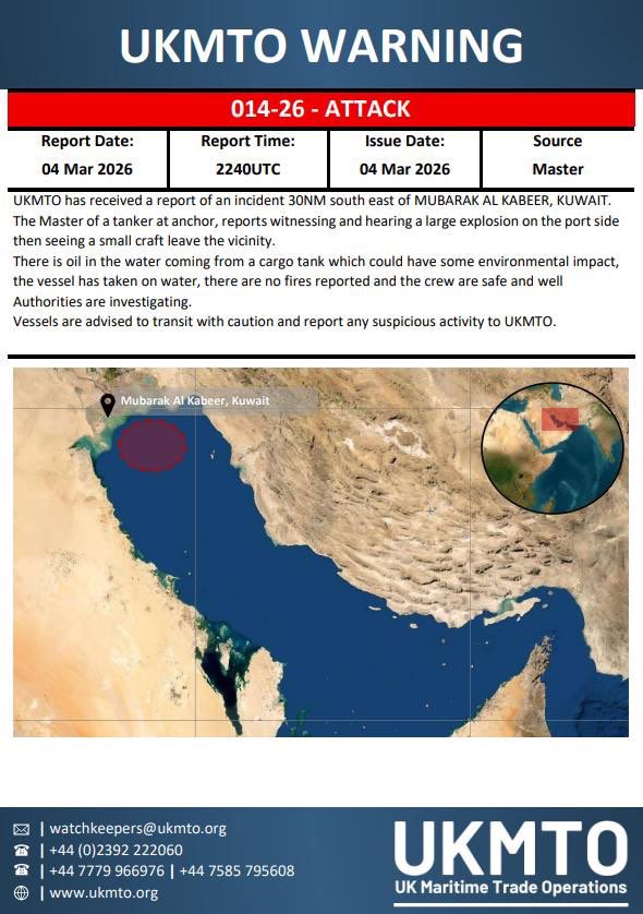 A tanker just exploded off the coast of Kuwait.

UKMTO confirmed it at 10:40 tonight. Large explosion on the port side. Oil in the water. A small craft was seen leaving the scene at speed. The crew are safe. The hull is not.

30 nautical miles southeast of Kuwait’s Mubarak Al