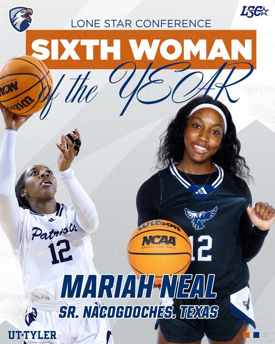 uttylerpatriots's tweet photo. WBB | SIXTH WOMAN OF THE YEAR!

Mariah Neal garners the prestigious honor from the Lone Star Conference, becoming the second member of @UTTylerWBB to ever earn the award!

Release: https://t.co/WUkVOtex9r

#SwoopSwoop https://t.co/LbdlQtzfQ1