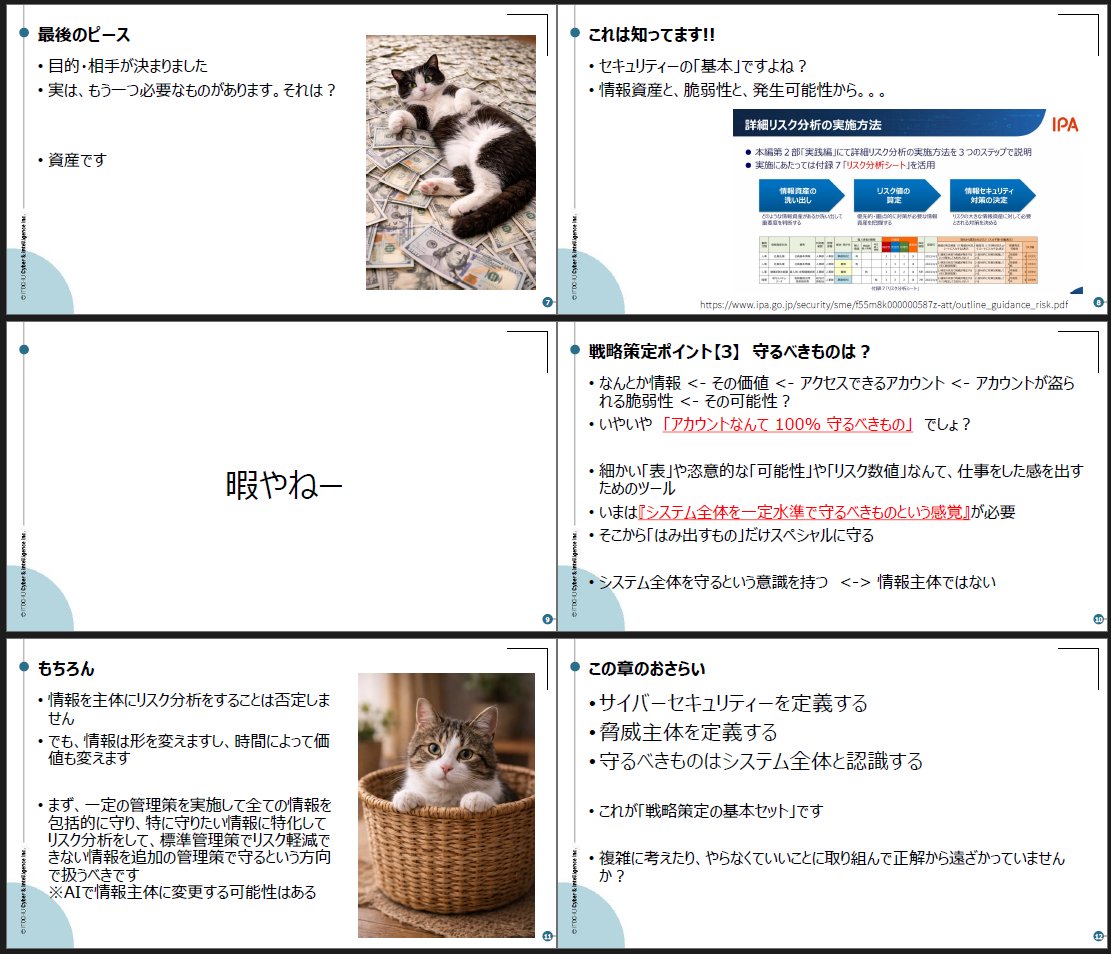 参加者の限られた講演だったので自分の備忘も兼ねて講演要旨を残しておく

1.正解を作るにはまず戦略が必要
・サイバーセキュリティーの範囲
・脅威の対象
・システムをベースに対応する
ことを決める