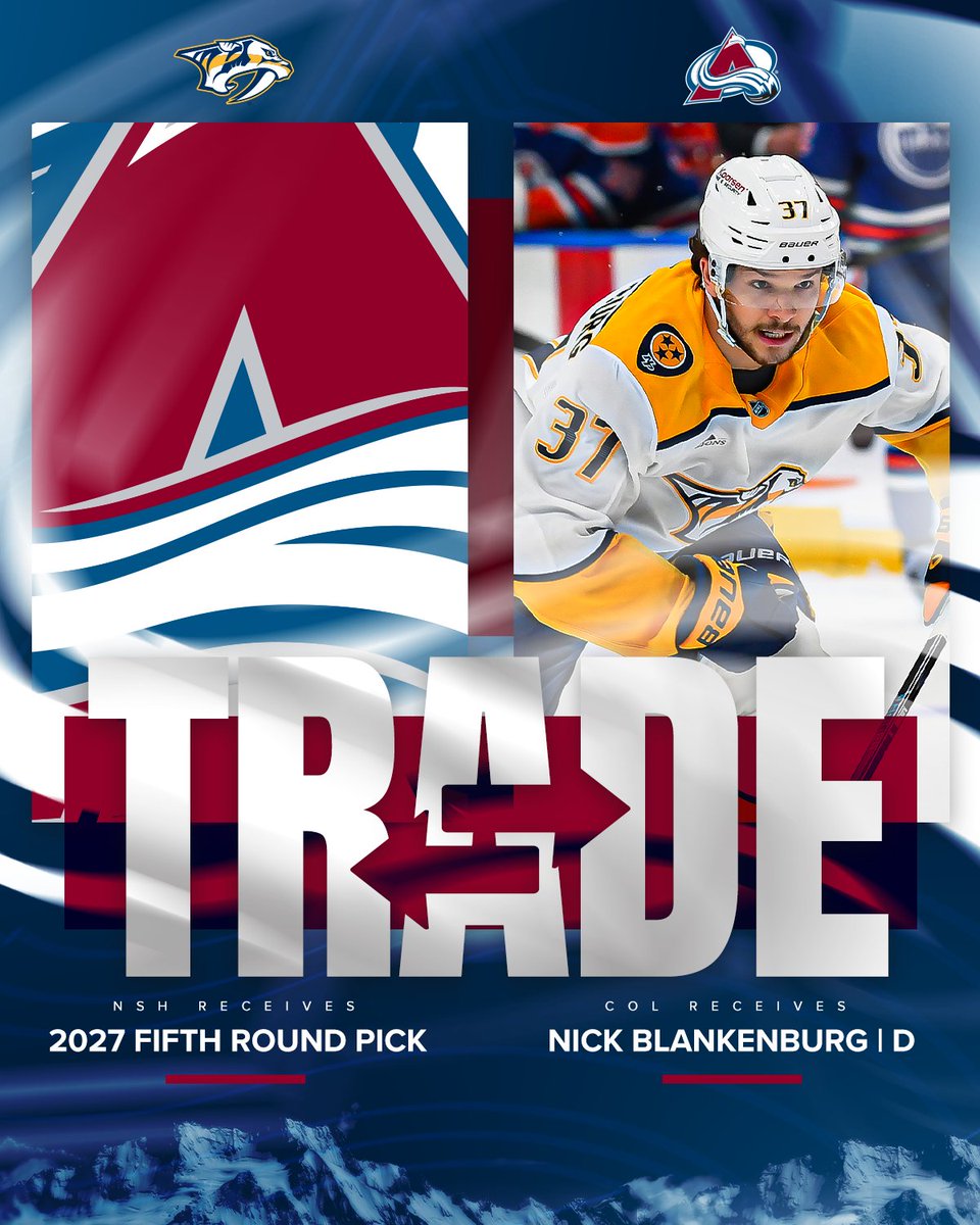 We have acquired defenseman Nick Blankenburg from the Nashville Predators in exchange for a fifth-round pick in the 2027 NHL Draft.

Welcome to Colorado, Nick! 🏔️