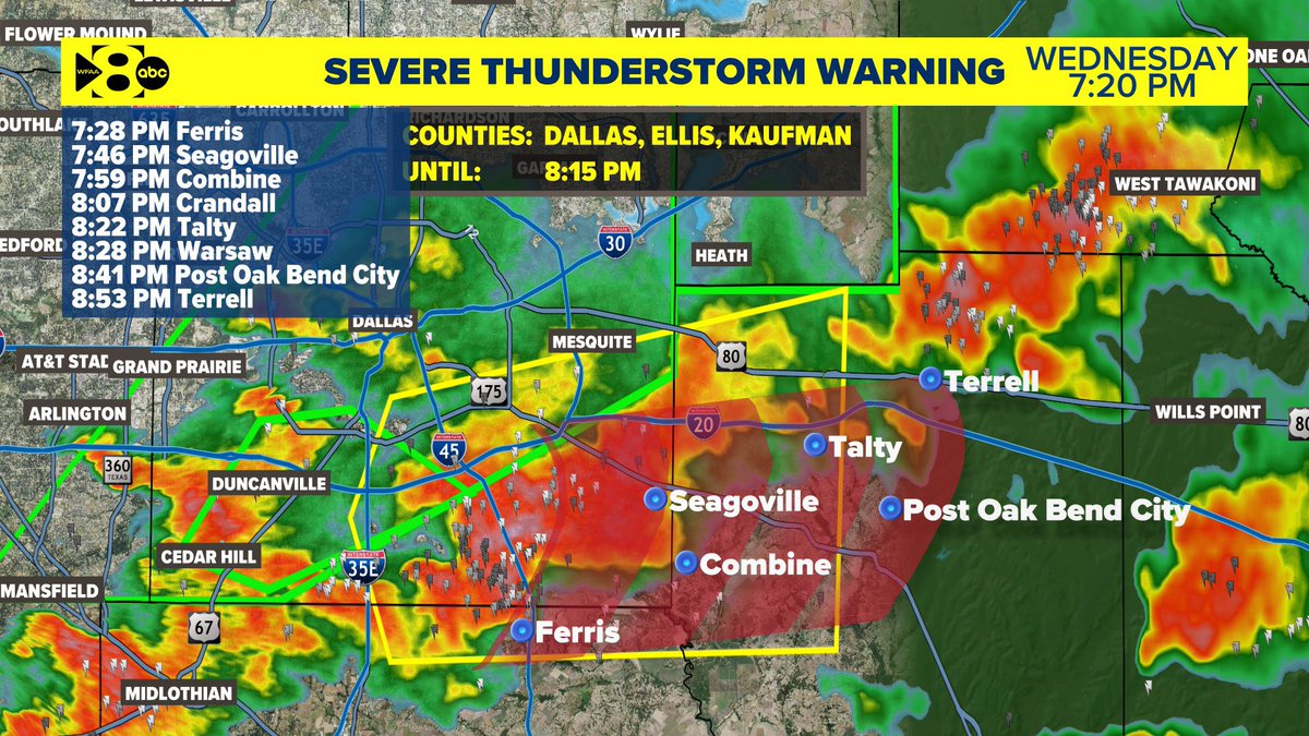collinmyerswx's tweet image. 7:30pm-Severe thunderstorm warning for southern Dallas County, parts of Ellis County and Kaufman County. Hail of quarters to half dollar size hail possible. Winds could reach 65mph as well. 

@wfaa 
#dfwwx 
#txwx