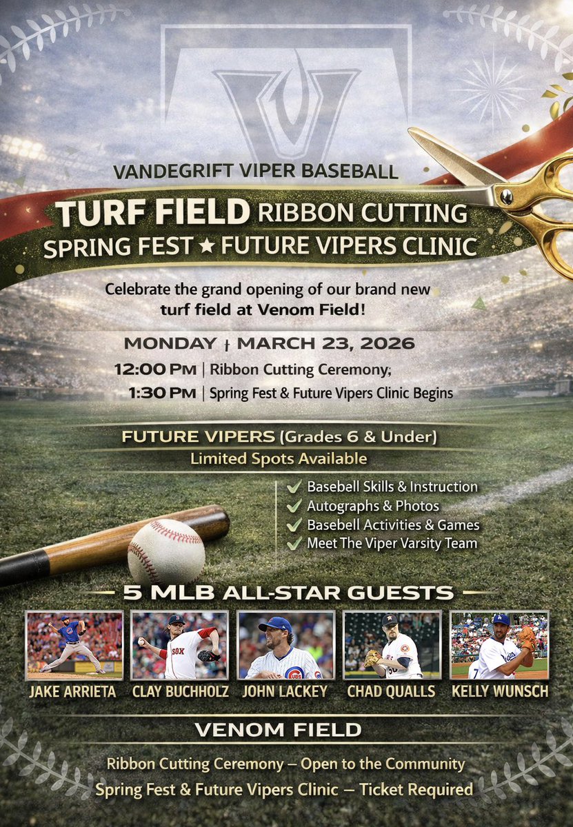 Viper_Baseball's tweet photo. A brand new field for today’s Vipers and tomorrow’s. 🐍⚾
Come celebrate our turf field ribbon cutting ✂️, Spring Fest 🎉, and our Future Vipers taking the field!
#VandegriftBaseball #wegotturf #SpringFest #FutureVipers #VenomField #VALERE https://t.co/oiRiNYJIOK