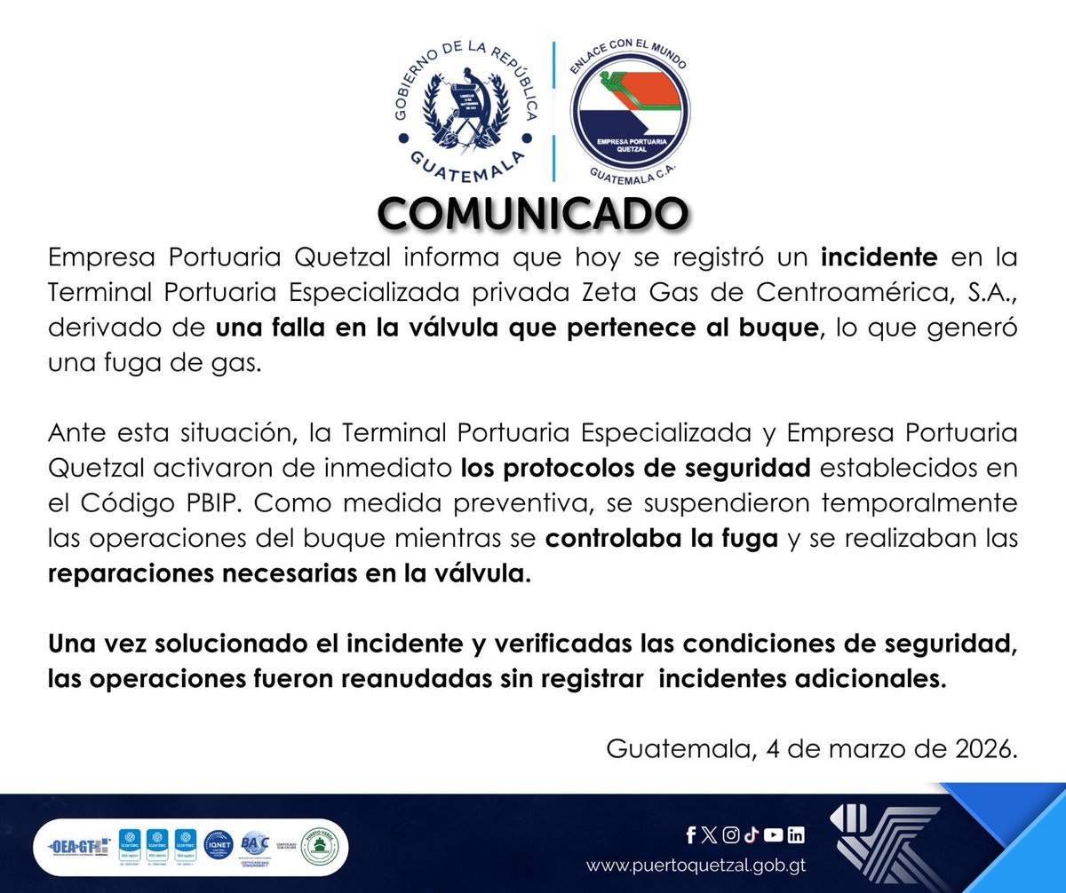 PortuariaEPQ's tweet photo. Sobre el incidente ocurrido este 4 de marzo en la terminal especializada privada Zeta Gas de Centroamérica S.A, Empresa Portuaria Quetzal informa.
#puertoquetzal #guatemala #ZGas #terminalportuaria https://t.co/uVuwLJqm1B