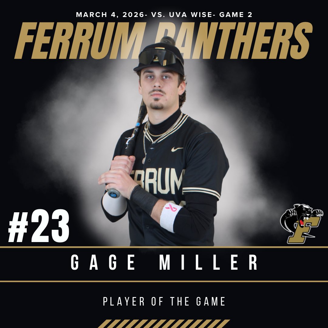 FerrumBsbll's tweet image. ⭐ Game 2 Player of the Game: Gage Miller

Miller delivered the biggest swing of the day, going 2-for-4 with a 2-run homer and 3 RBIs, including the go-ahead blast in the 7th to lift the Panthers to a 6–5 win.

#FerrumBaseball #PantherPride