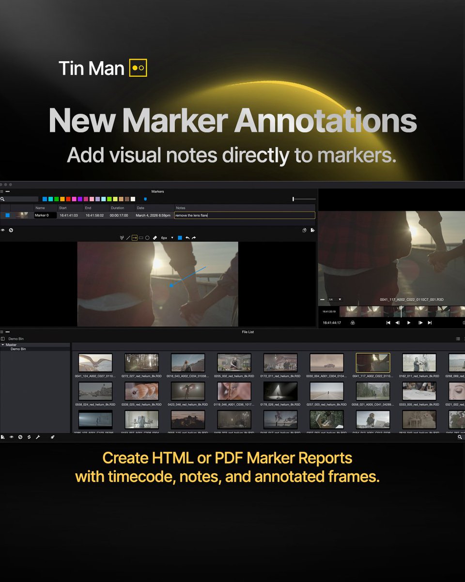 CalibratedWare's tweet photo. Tin Man v26.2.4 introduces Marker Annotations — draw directly on frames with freeform lines, arrows, rectangles, and ellipses to visually call out notes and fixes.

Create stunning light or dark mode HTML/PDF Marker Reports with timecode, notes, and annotated frames.

Markers and thumbnails are now stored directly in the project.

Free Trial Download:
https://t.co/HTt7KcTt3U

#TinManApp #CalibratedSoftware #cinematography #filmmaking #ColorGrading #PostProduction #FilmWorkflow #VideoEditor #Cinematography
