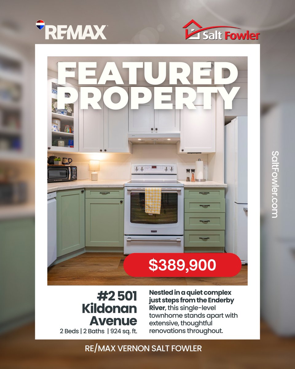 LisaSalt's tweet image. ✨ Not your average townhome — thoughtfully renovated and move-in ready

🌿 Located in a quiet complex just steps from the Enderby River.

#JustAddSalt #SaltFowler #RemaxVernon #RealEstate #VernonRealtor