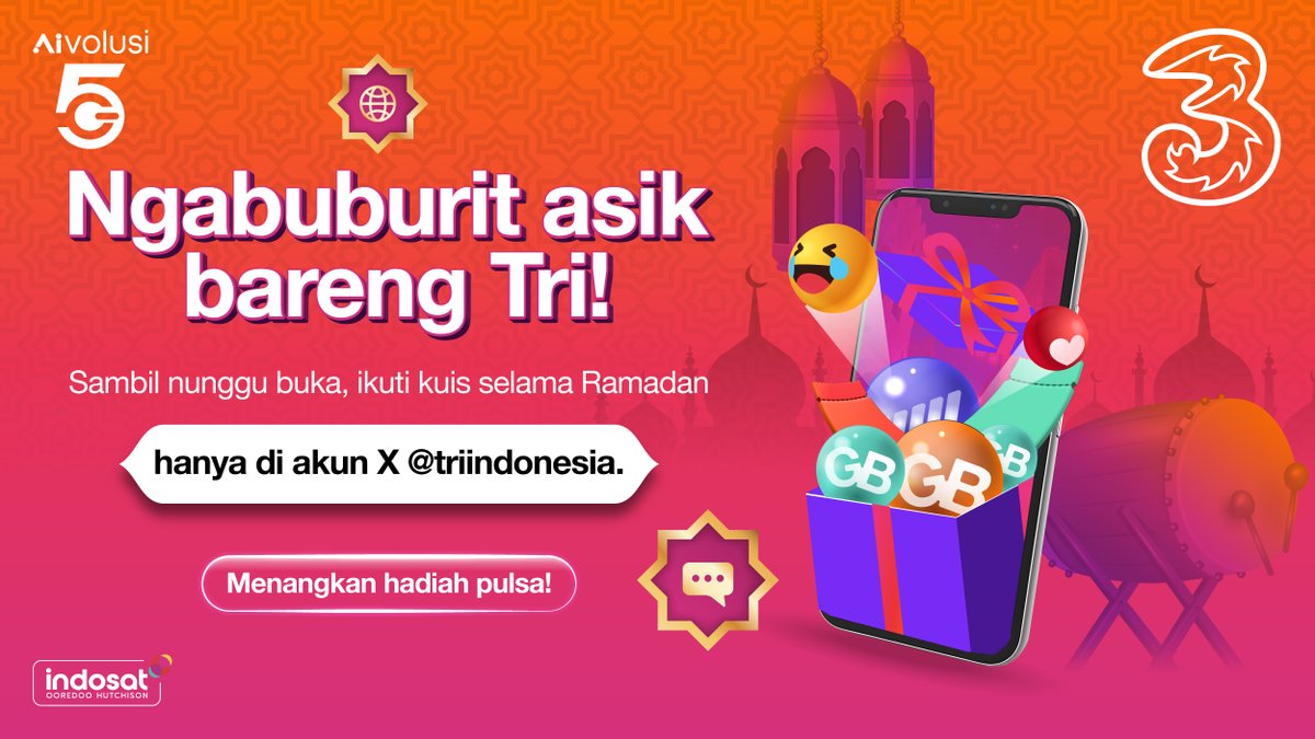 triindonesia's tweet photo. Siap-siap ADA KUIS LAGIII~~

Coba list gorengan favorit kamu buat buka puasa apa ajaaa?

Yang paling panjang listnya, MinTri kasih hadiah pulsa masing-masing 100 ribu untuk 3 pemenang!
Seperti biasaaa, jangan lupa wajib pake hashtag #PilihanBijak #JadiLebiHebat #TriLebihHematSinyalCepat dan pakai nomer Tri ya!