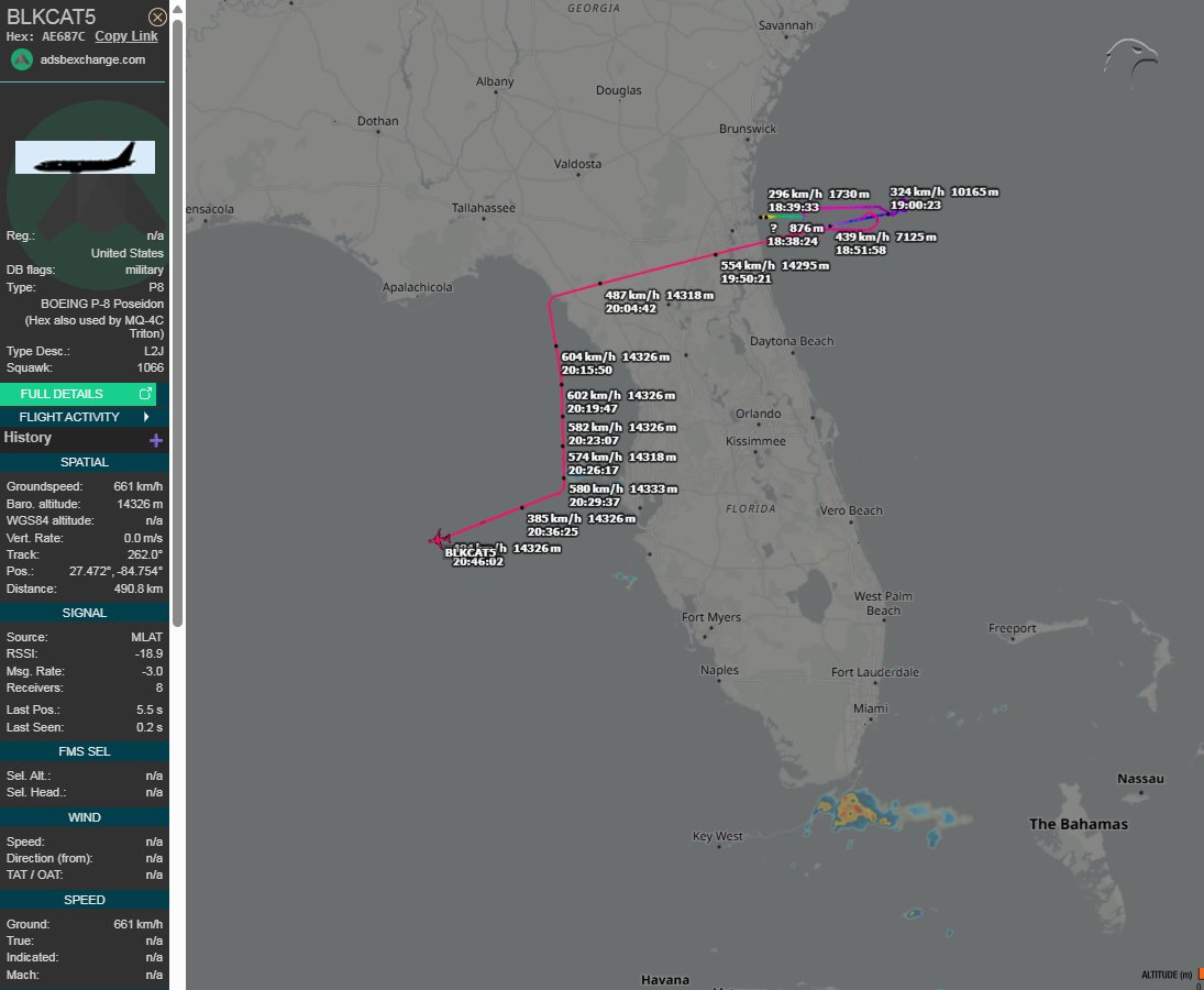 FlconEYES's tweet image. BLKCAT5 | #AE687C | @USNavy 
#ISR Drone MQ-4C Triton (not a P-8A) 
Heading towards #Mexico | t.ly/ezZ88