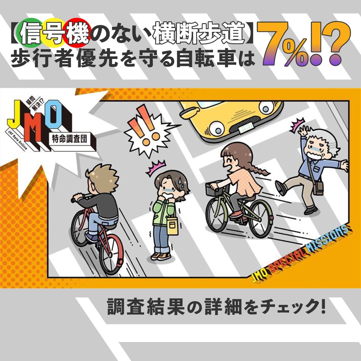 信号機のない横断歩道。 歩行者が渡ろうとしたとき、止まる自転車は約7