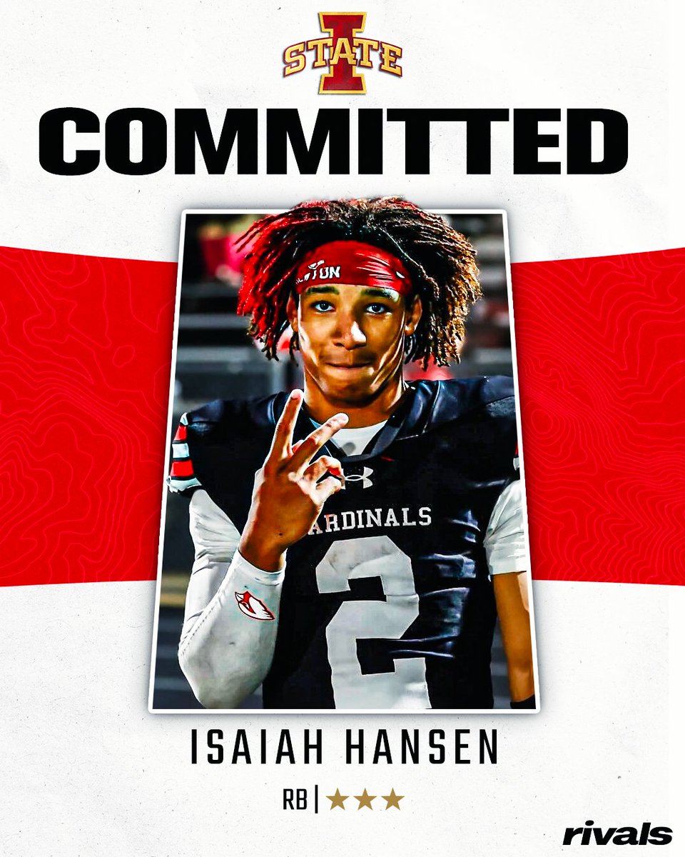 RB Isaiah Hansen has committed to Iowa State, he tells <a href="/GregSmithRivals/">Greg Smith</a>🌪️

Read: on3.com/rivals/news/th…
