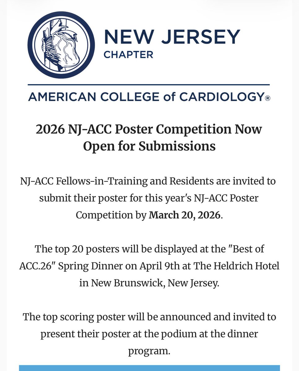 Pooh_Velagapudi's tweet image. 2026 @NJACC Poster Competition Now Open for Submissions! @RBP0612 @alfonsowallermd @kimskeldingmd #ACCFIT 

@NJACC #FITs &amp;amp; #Residents- u are invited to submit ur poster for this year's NJ ACC Poster Competition by March 20, 2026! 

Link to submit: app.oxfordabstracts.com/auth?redirect=…