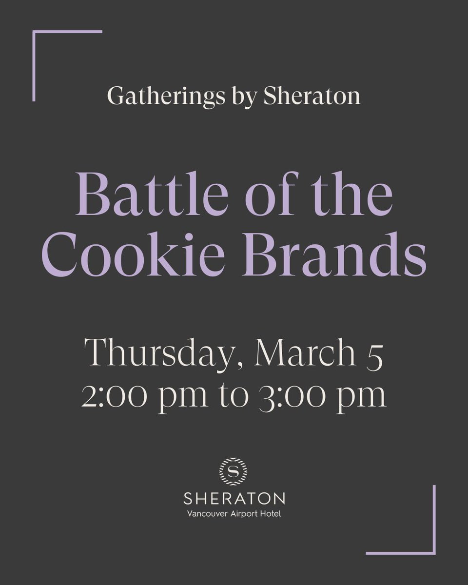 SheratonYVR's tweet photo. Drop by the lobby tomorrow to sample free chocolate chip cookies from popular brands and vote for your favourite!
#GatheringsBySheraton #vancouverevents #yvrevents #richmondbc #vancouverhotels https://t.co/yGUMBtbuGp