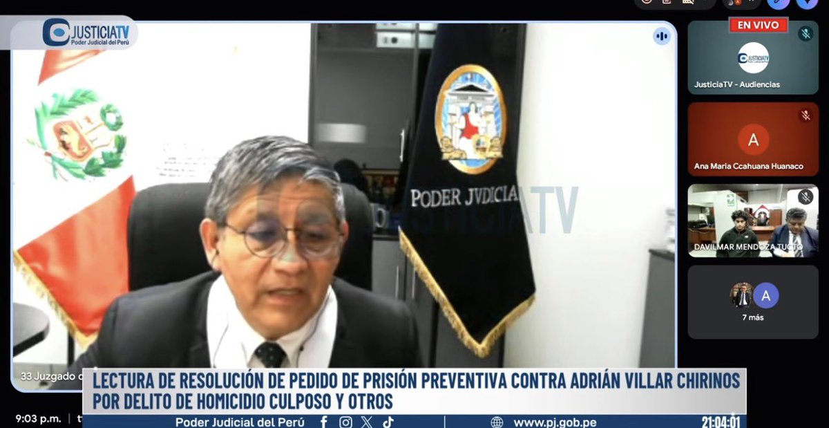 Poder_Judicial_'s tweet photo. #Ahora. Titular del 33.º Juzgado de Investigación Preparatoria de Lima, Adolfo Fernando Farfán Calderón, realiza lectura de resolución al pedido de prisión preventiva contra Adrián Villar Chirinos por los presuntos delitos de homicidio culposo, omisión de socorro, así como fuga tras el atropello y posterior muerte de la deportista Lizeth Katherine Marzano Noguera. Siga por: https://t.co/IPmlkFnzsk
