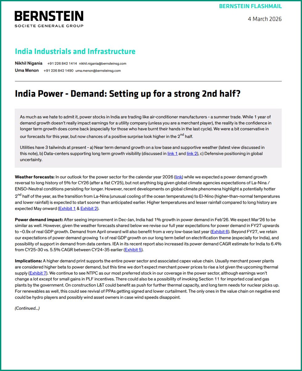 exencial_RP's tweet photo. Bernstein || India Power - Demand: Setting up for a strong 2nd half?

Utilities have 3 tailwinds at present 

- a) Near term demand growth on a low base and supportive weather (latest view discussed in this note), 

b) Data-centers supporting long term growth visibility, 

c) Defensive positioning in global uncertainty

POWER DEMAND